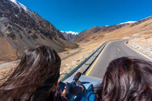 Female tourists on a bus on Karakoram highway
